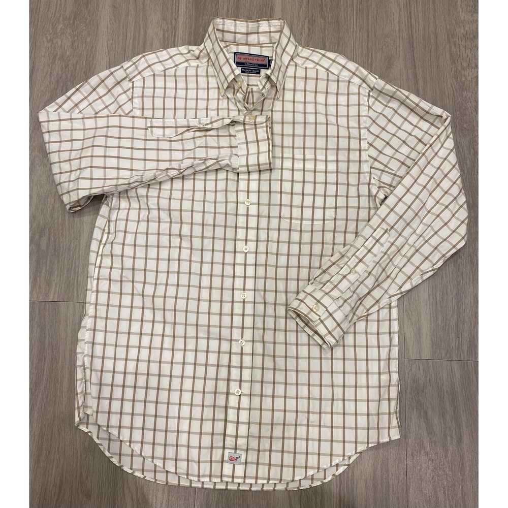 Vineyard Vines Mens Shirt Medium White Beige Gray Murray Career Casual Button Up